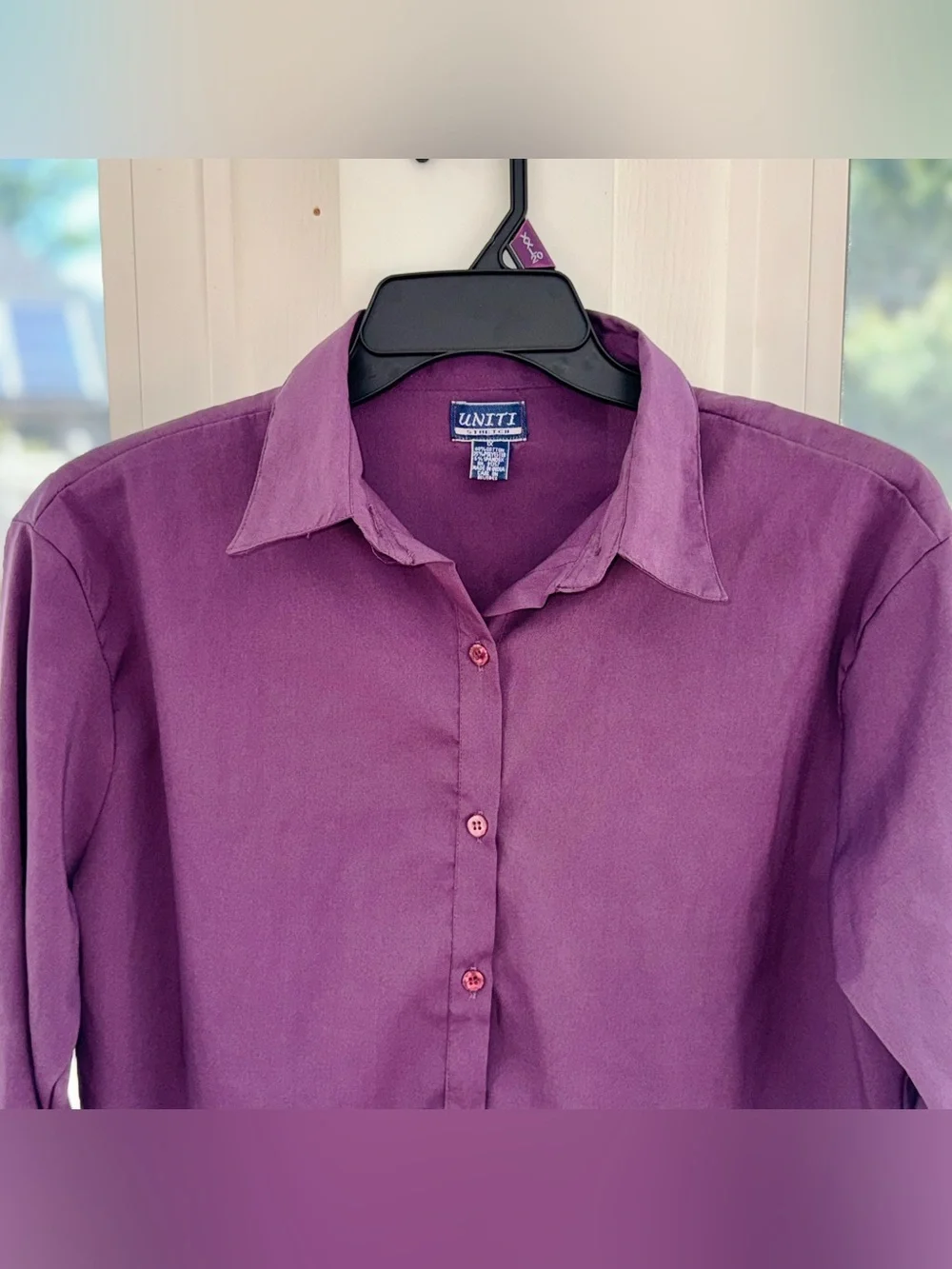 UNITI Women Plus Size 1X Stretch Button Up Shirt Plum Purple Roll Tab 3/4 Sleeve - Picture 3 of 11